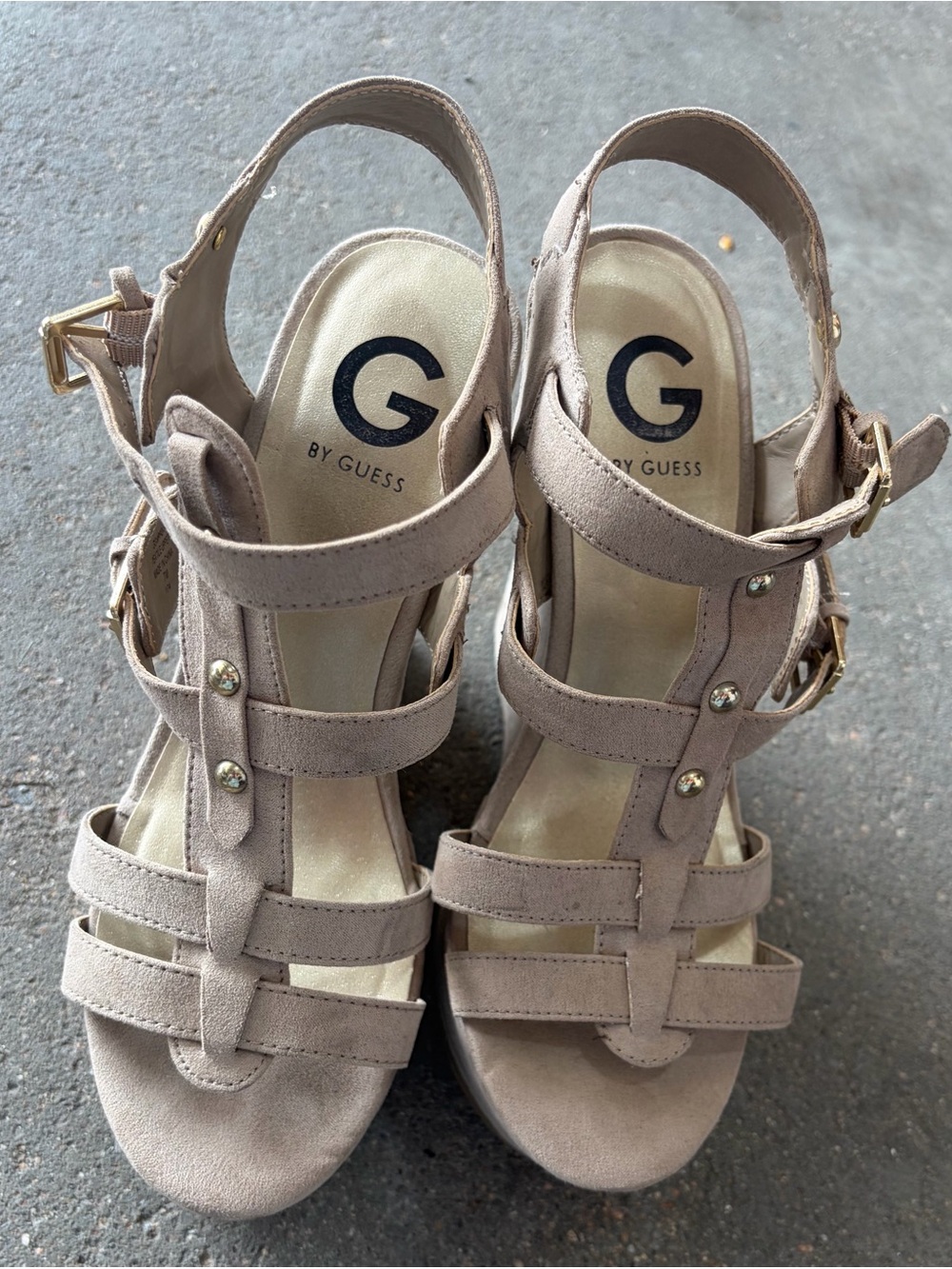 G by Guess Taupe Suede Strappy Wedge Sandals with Gold Accents